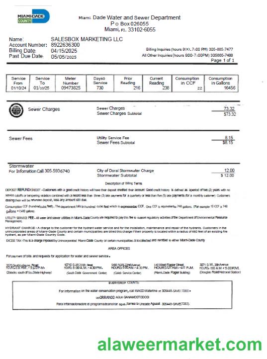 USA Miami Dade utility bill template in Word and PDF formats